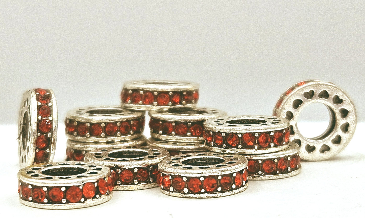 Rhinestone Spacer Beads Silver with Red Crystals - pk 10