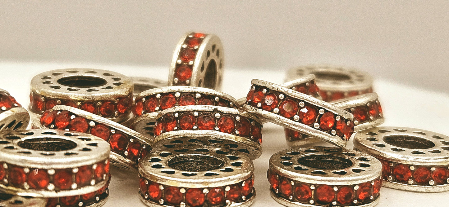 Rhinestone Spacer Beads Silver with Red Crystals - pk 10