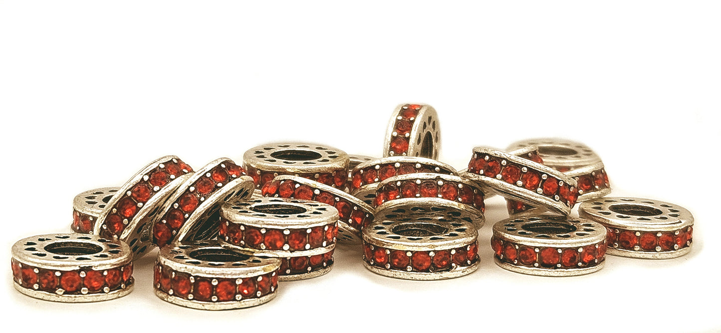 Rhinestone Spacer Beads Silver with Red Crystals - pk 10