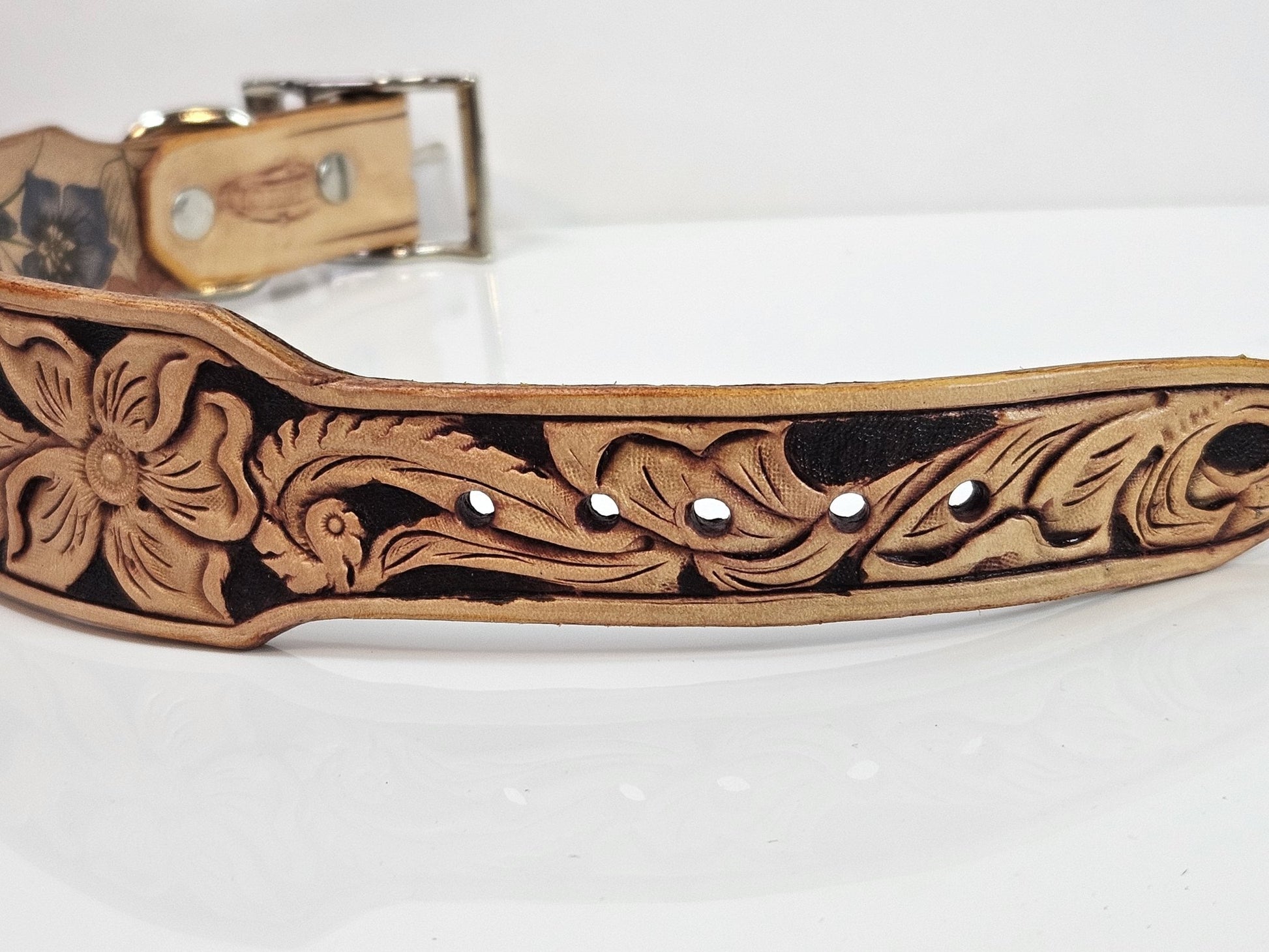 10.5" to 12.5" Genuine Leather Collar - Hand Tooled - Champion Show Leads