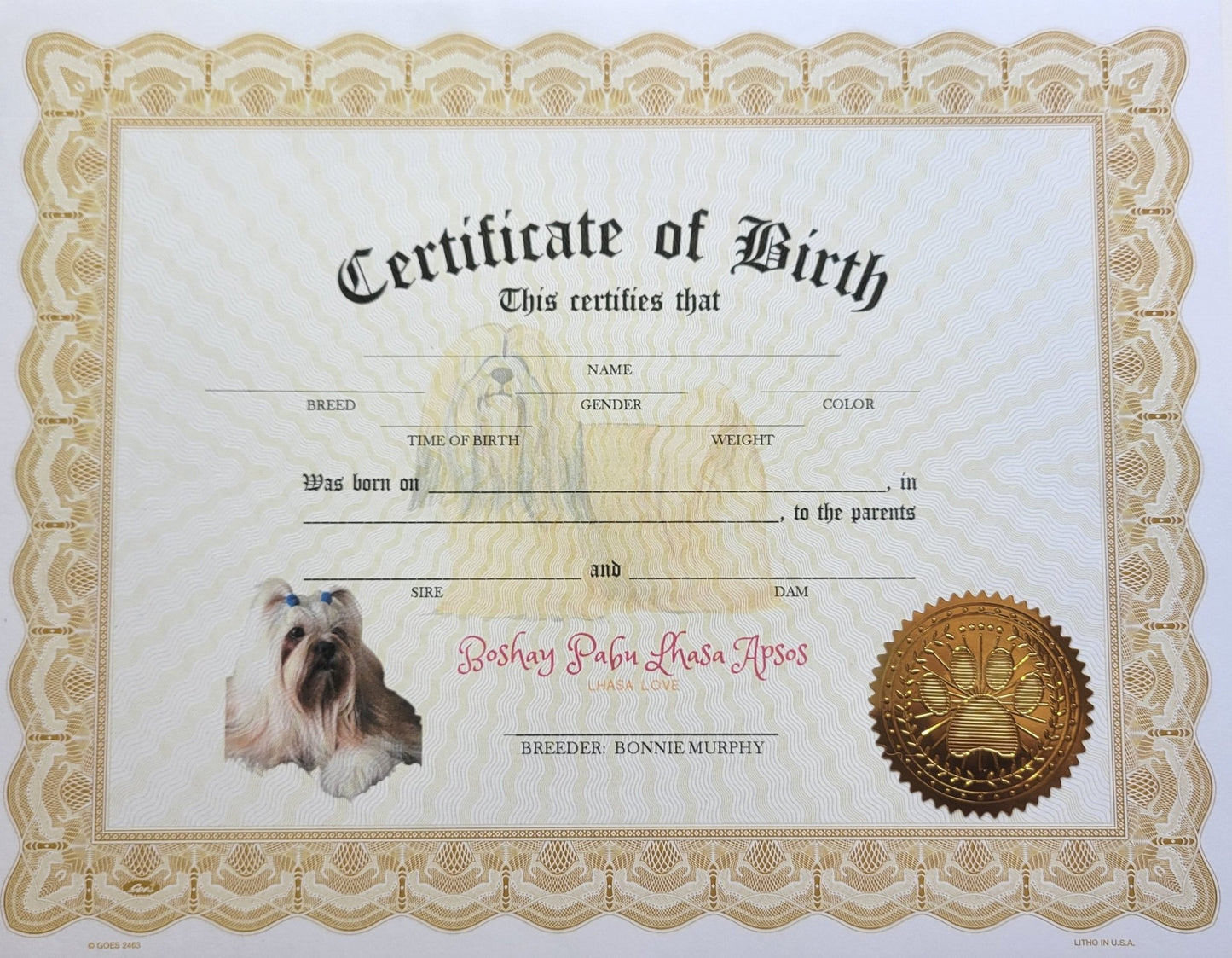 Custom Birth Certificates (Breeders Only) - ChampionShowLeads